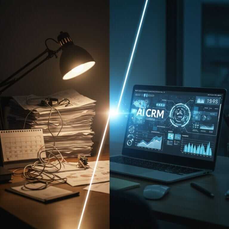 A split image showing a messy, paper-filled desk on one side and a clean, organized desk with an AI CRM dashboard on the other, representing how AI helps scale a business.