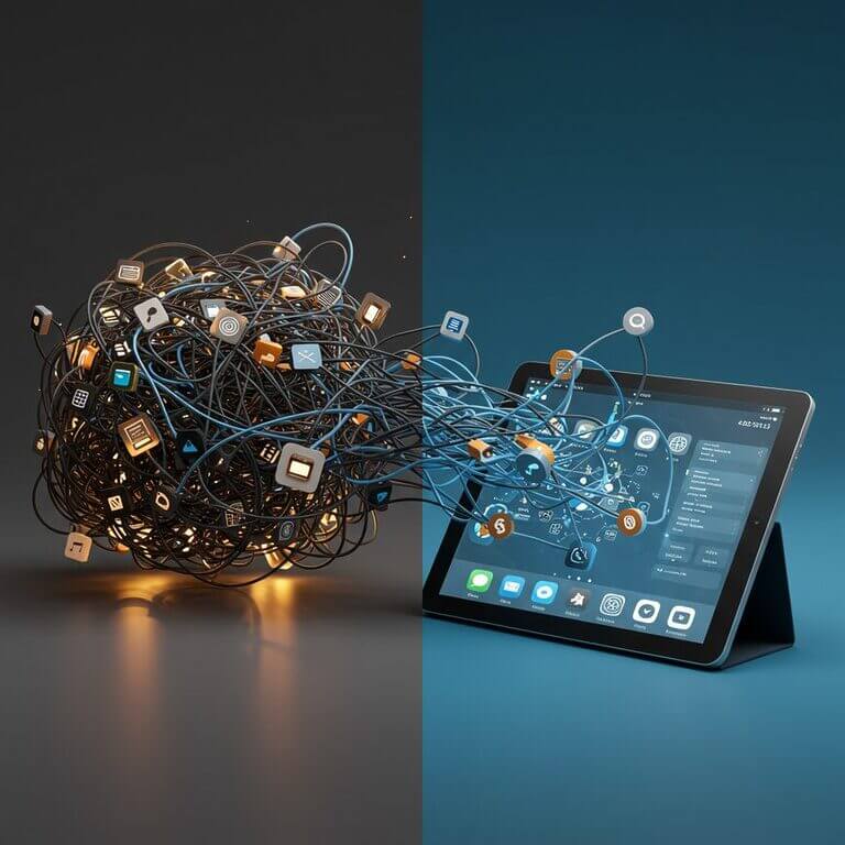 A visual metaphor for AI in small business, showing tangled wires and icons transforming into a clean, integrated dashboard on a tablet.