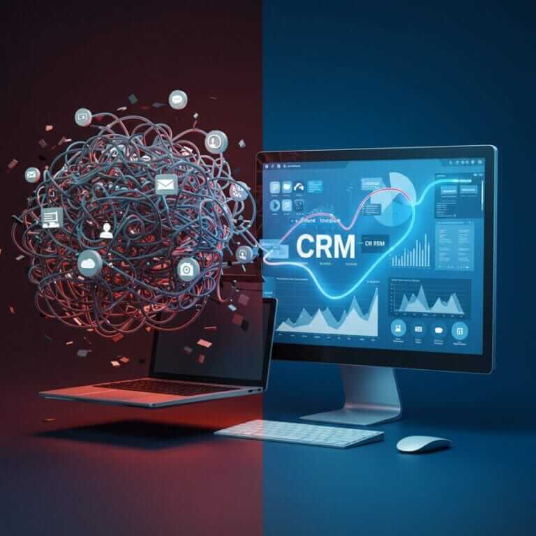 A split-screen visual comparing a chaotic system of standalone apps on the left with a streamlined, integrated CRM dashboard on the right, symbolizing the article's central theme.