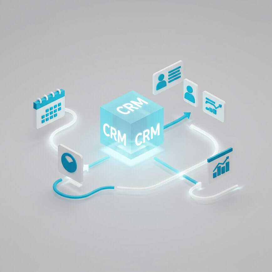 To visually explain the concept of an all-in-one platform or CRM, showing how it centralizes and automates key business functions for a professional setup.