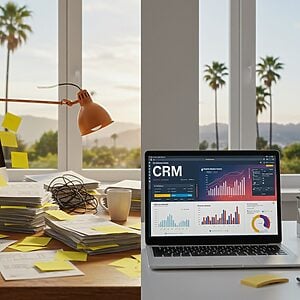 A split-screen image contrasting a chaotic, disorganized desk with a clean, modern workspace featuring a CRM, symbolizing the common mistakes to avoid when starting a California business.