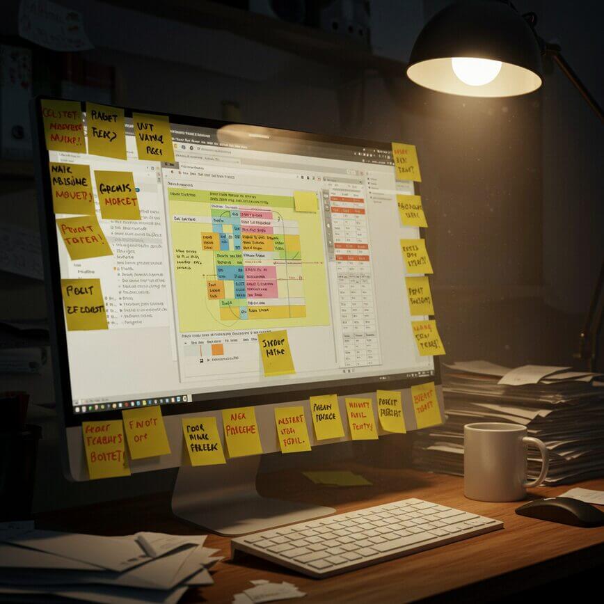 To illustrate the stress and inefficiency of the manual, DIY approach described in the article, highlighting concepts like 'system chaos' and 'mental clutter'.