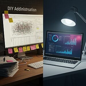 A split-screen image contrasting a messy desk with spreadsheets and sticky notes representing DIY admin, against a clean, organized desk with a modern CRM dashboard, representing professional automation.