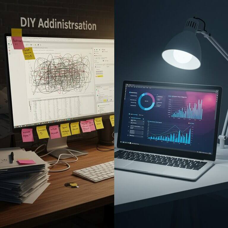 A split-screen image contrasting a messy desk with spreadsheets and sticky notes representing DIY admin, against a clean, organized desk with a modern CRM dashboard, representing professional automation.