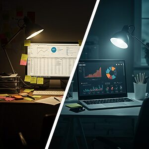 A split-screen image contrasting a messy, disorganized desk with sticky notes against a clean, modern desk with a laptop showing an organized CRM dashboard, symbolizing the choice between DIY and professional business tools.