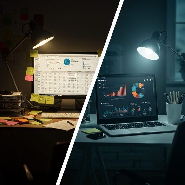 A split-screen image contrasting a messy, disorganized desk with sticky notes against a clean, modern desk with a laptop showing an organized CRM dashboard, symbolizing the choice between DIY and professional business tools.