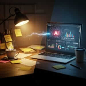 A desk split into two halves: one cluttered and chaotic, the other organized and modern with a laptop showing an AI content creation interface, symbolizing the efficiency AI brings to small businesses.