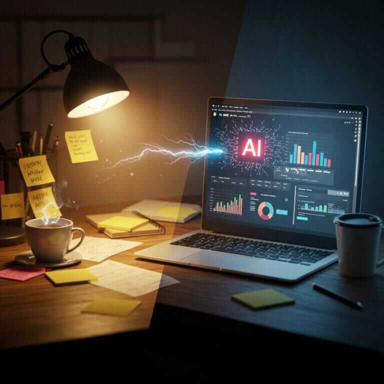 A desk split into two halves: one cluttered and chaotic, the other organized and modern with a laptop showing an AI content creation interface, symbolizing the efficiency AI brings to small businesses.