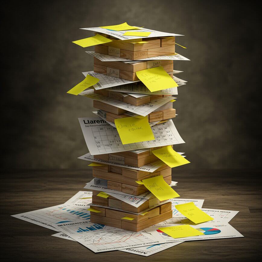 To visually represent the fragile, unstable, and risky nature of a manual, DIY administrative system that is prone to collapse under pressure.