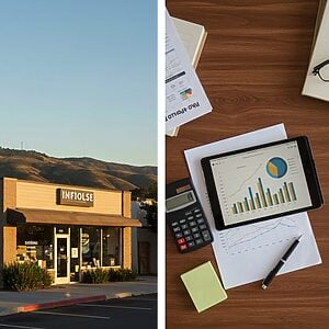 A split-image representing the cost of starting a business in the Inland Empire, with a sunny storefront on one side and financial planning tools on the other.