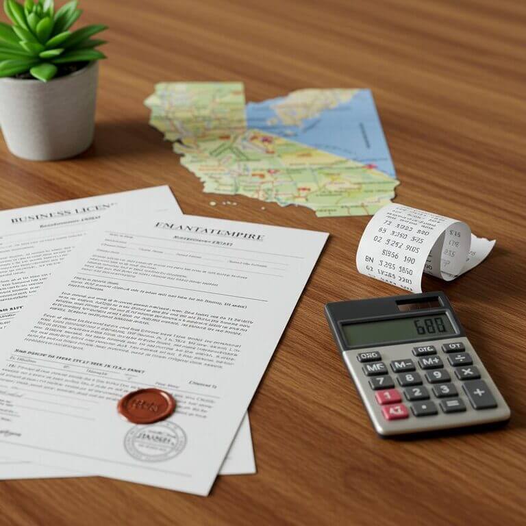 A professional desk setup showing the elements of business startup costs in the Inland Empire, including a calculator, documents, and a small plant symbolizing growth.