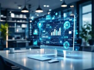 Modern office setting with holographic AI visualization overlaying a computer screen showing
