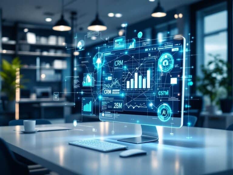 Modern office setting with holographic AI visualization overlaying a computer screen showing