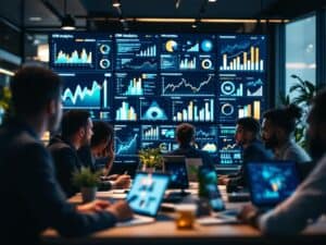 Professional modern office setting with digital displays showing CRM analytics dashboards