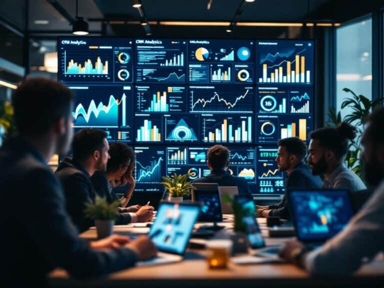 Professional modern office setting with digital displays showing CRM analytics dashboards