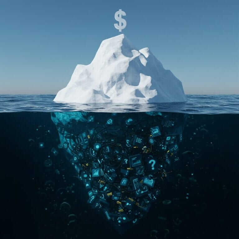 An iceberg representing the true cost of AI for small businesses. The small visible tip symbolizes the low monthly fee, while the vast, complex mass underwater represents the hidden costs of time, complexity, and system chaos.